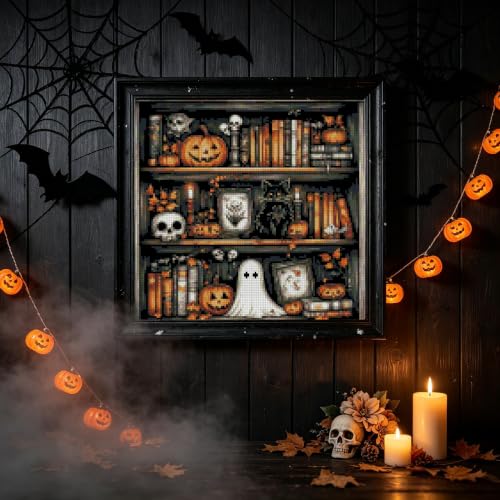 Image of Halloween Beginner Stamped Cross Stitch Kits Arts and Crafts for Adults | Ghost Embroidery Starter Kit for Adult Beginners, 11CT Pumpkins Needlepoint Counted Cross-Stitch Patterns Dimensions Kit