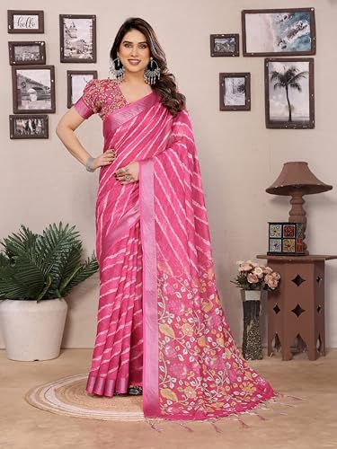 Image of Women's Zari Border Cotton Linen Printed Saree with Blouse