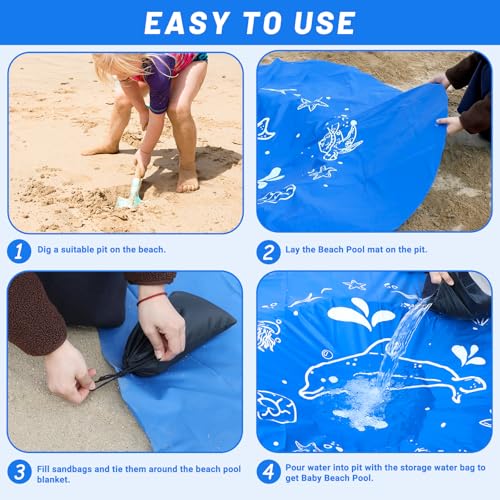 UCandy 6.5 X 6.5 Ft Baby Beach Pool, Portable Kiddie Pool and Beach Blanket, 2 in 1 Waterproof Foldable Sand for Kid Vacation Picnic with Storage Bag