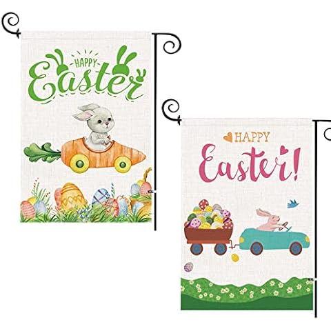 2Pcs Easter Garden Flag Double-Sided Happy Easter Truck Bunny Garden Flags Spring Easter Rabbit Egg Yard Flag for Outside Outdoor Farmhouse Easter Decorations 12.5 x 18 Inches Cover