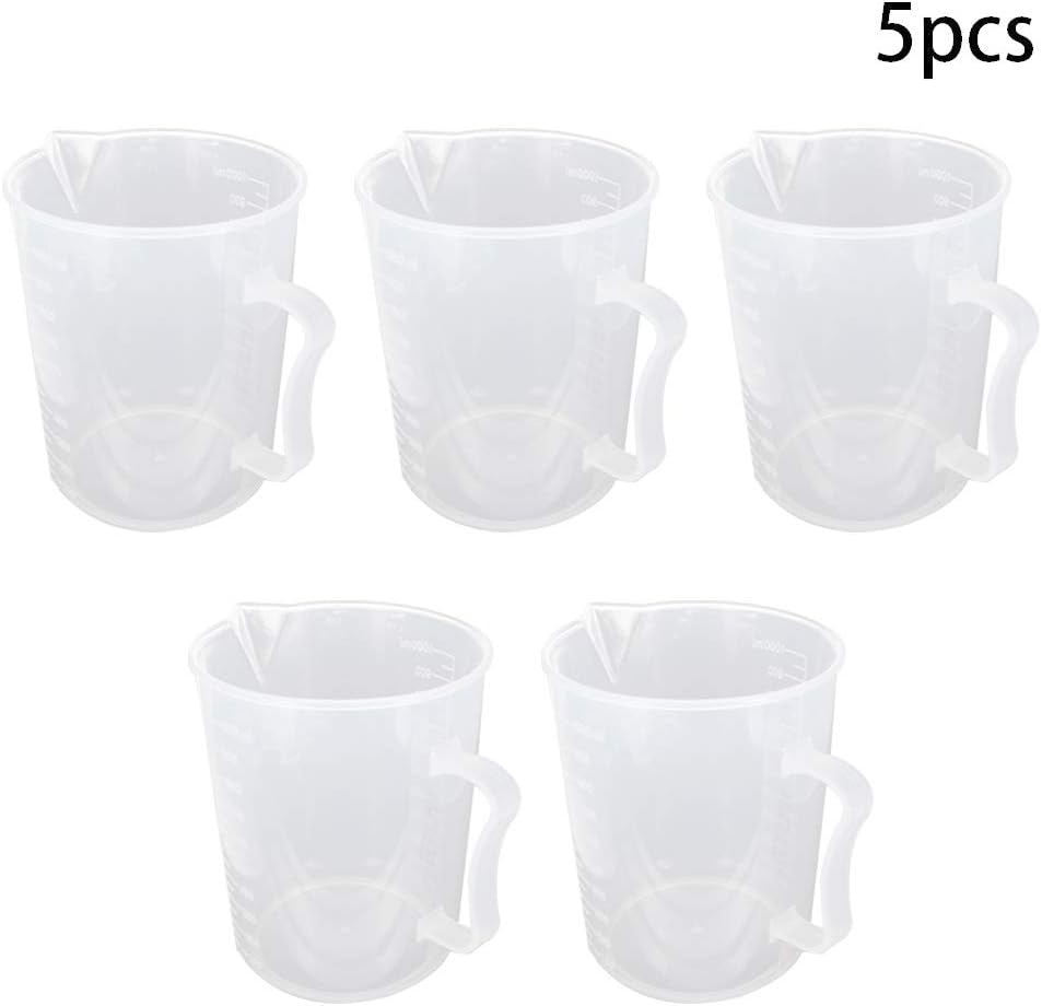 Othmro 1L/33.82oz Plastic Measuring Graduated Mixing Pitcher Pouring Cup Mix Paint Lab Kitchen Liquids 5pcs Measuring Pitcher Measuring Cup Graduated with Handle Spout Multipurpose Plastic Beaker
