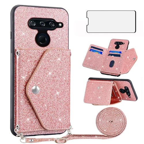 Housse LG V40 ThinQ rose pailleté Asuwish, étui porte-cartes et vitre verre trempé LGV40