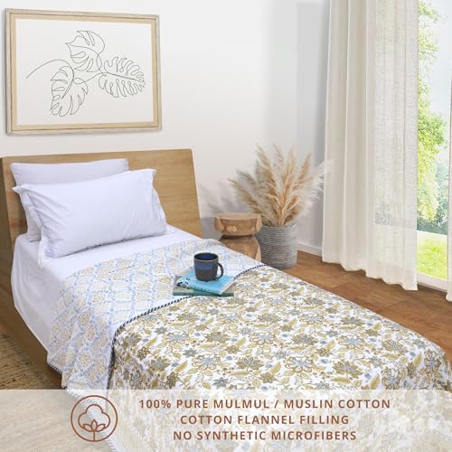 Image of TOAIArt Premium Jaipuri Dohar | AC Blanket Summer Quilt | Hand Block Printed | 3 Layers | Reversible | 150GSM 100% Mulmul Cotton | 100% Cotton Flannel Filling | Single 60 inch X 90 inch |Autumn Leaves