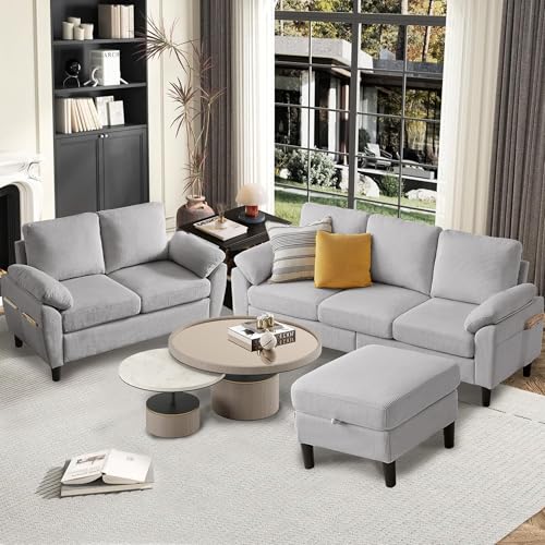 Image of 79.72 inch 3 Piece Corduroy Sofa Set with Storage Ottoman & Loveseat, L Shaped Sectional Couch with Side Pockets, Convertible Living Room Furniture Set for Small Space