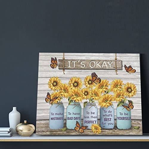 Wallohere Sunflower Canvas Wall Art Rustic It Okay Inspirational Quotes Print Decor Farmhouse Butterfly Painting Picture Artwork Home Decoration For Kitchen Bedroom Living Room Framed 16*20 Inch #TOP3