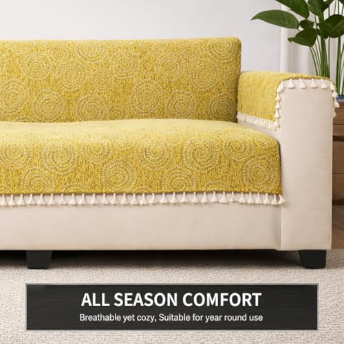 Image of STITCHNEST Woven Fabric Sofa Cover 3 Seater with 2 Hand Rest Covers - Washable Green Sofa Cover with Tassels - Durable Premium Fabric - Stylish Sofa Protector for Living Room & Furniture Decor