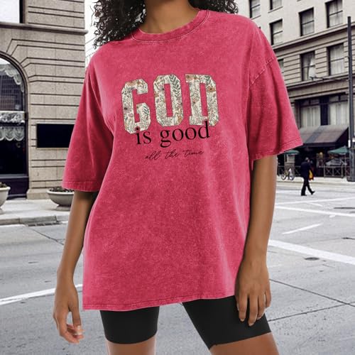 Image of Christian God is Good Shirts for Women Jesus Faith Religious T Shirts Floral Graphic Oversized Acid Washed Tee Tops