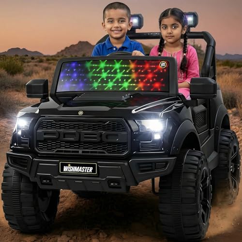 Image of Wishmaster 4X4 Battery Operated Ride-On Jeep for Kids | Dual Motor, LED Lights, Music System, Remote Control | Electric Jeep for Boys & Girls | 4 Motor Jeep (2-8 Years), Black