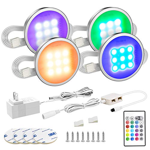 MYPLUS Under Cabinet Lighting, 4 Pcs Led Puck Lights with Remote Control Color Changing, Led Lighting Kit Magnetic Stick for Under Cabinet, Under Counter and Kitchen Shelf (RGB)