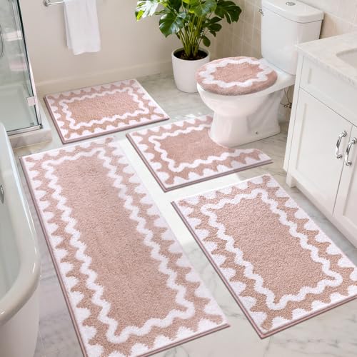 Findosom Bathroom Rugs Sets 5 Piece Absorbent Soft Non-Slip Washable Microfiber Shaggy Bath Mat Set with Bathroom Runner Rug U-Shaped Toilet Rugs Shower Rug & Toilet Lid Cover Pink-White