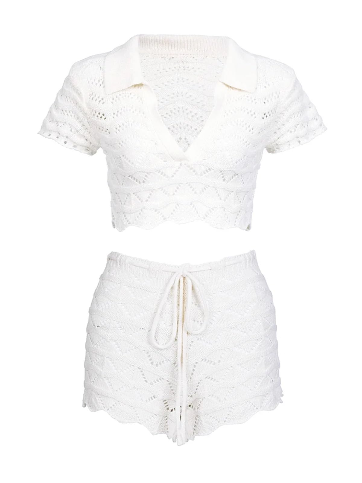 Femme Plage Ensemble de maillot de bain cache-maillot for femme, haut à manches courtes, col en V, revers découpé, mini-short à lacets, tricot, plage