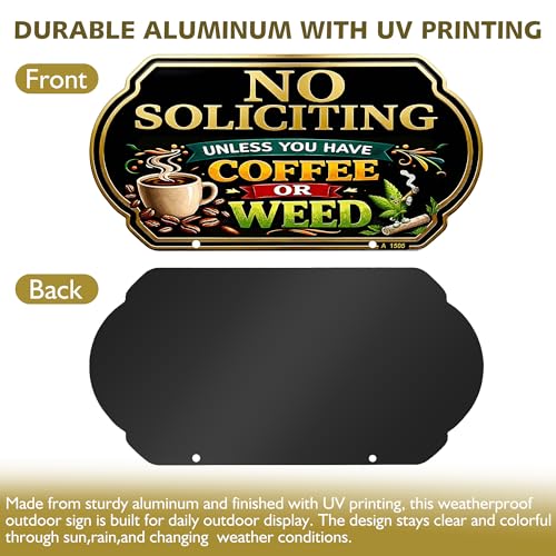Image of Funny Coffee No Soliciting Sign for House, 10 x 5 Inch Aluminum Yard Sign | Funny Coffee No Soliciting Yard Sign with 40 Mil Aluminum, UV Printed Weatherproof Outdoor Sign for Home, Lawn and Fence