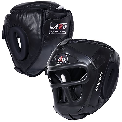ARD Leather Art MMA Boxing Protector Head Guard UFC Wrestling Helmet Head Gear (Black, Small)