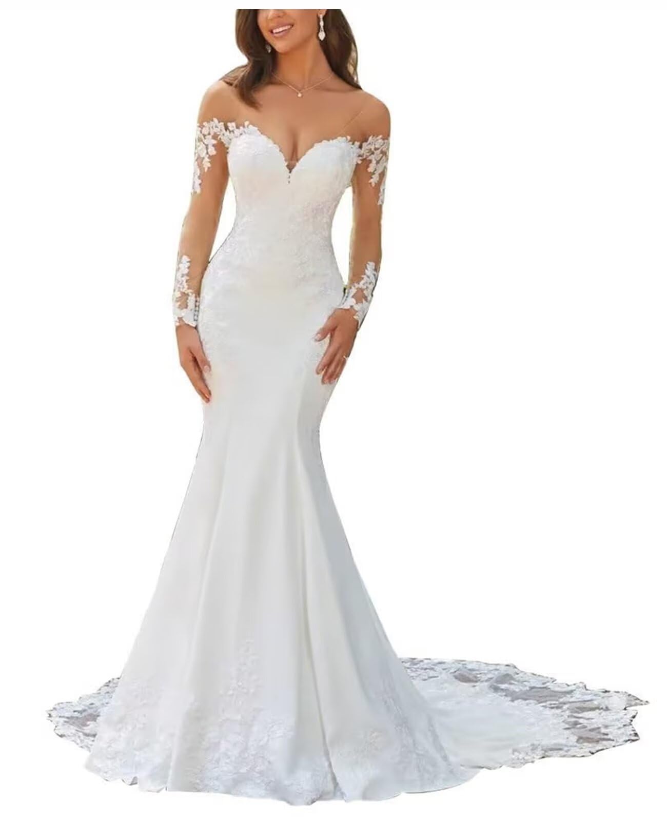 Womens V Neck Mermaid Wedding Dresses for Bride Long Sleeves Lace Applique Satin Bride Dress with Train