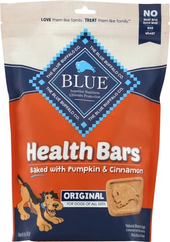 Image of Blue Buffalo Health Bars Pumpkin & Cinnamon Crunchy Dog Biscuits, Oven-Baked with Pumpkin & Natural Ingredients, Healthy Dog Treats with No Artificial Flavors or Preservatives, 16 oz. (Pack of 4)