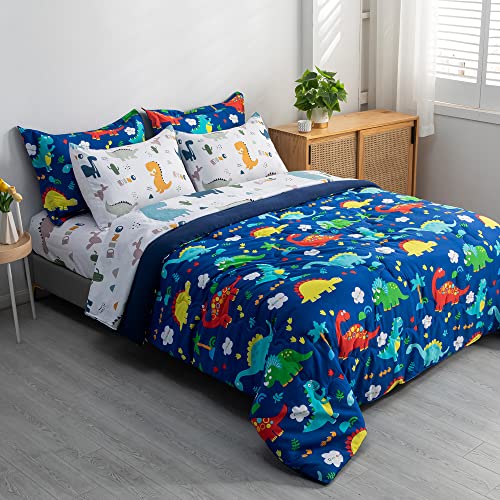 Wajade 7 Piece Kid Boys Dinosaur Comforter Set Full Size 3D Blue Dinosaur Wild Park Jungle Print Bedding Set With Comforter, Sheet Set, Pillowcase And Sham #TOP1