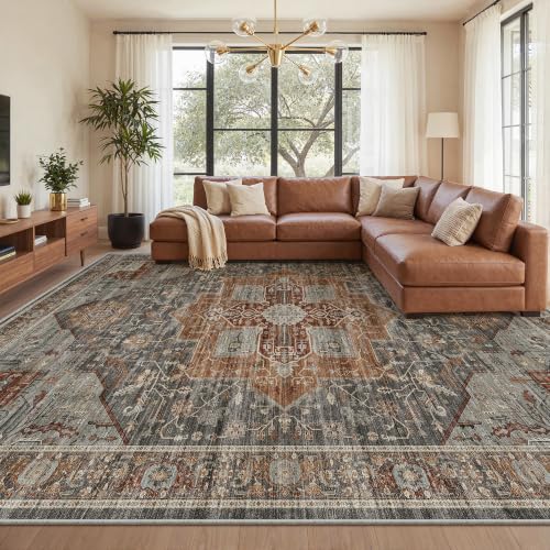 Image of Roxstand 8x10 Washable Area Rugs, Vintage Non Slip Rug, Grey /Brown /Tan
