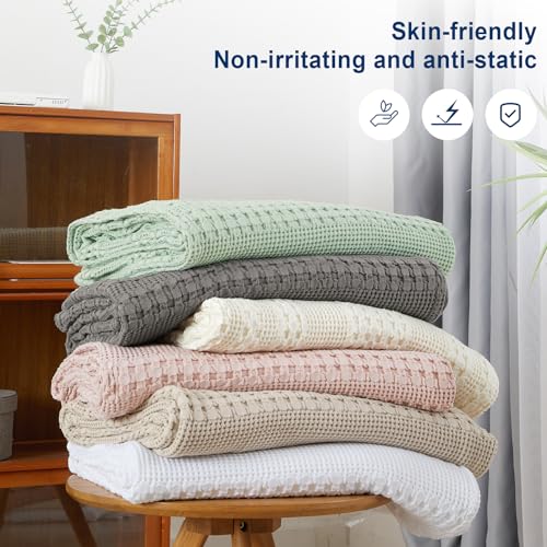 Image of PHF 100% Cotton Waffle Blanket Queen Size for Bed, Lightweight Breathable and Soft for Summer, Luxury Aesthetic Waffle Weave Blanket for Home Decor & Gifts for Women, 90 inchx90 inch, Cannoli Cream