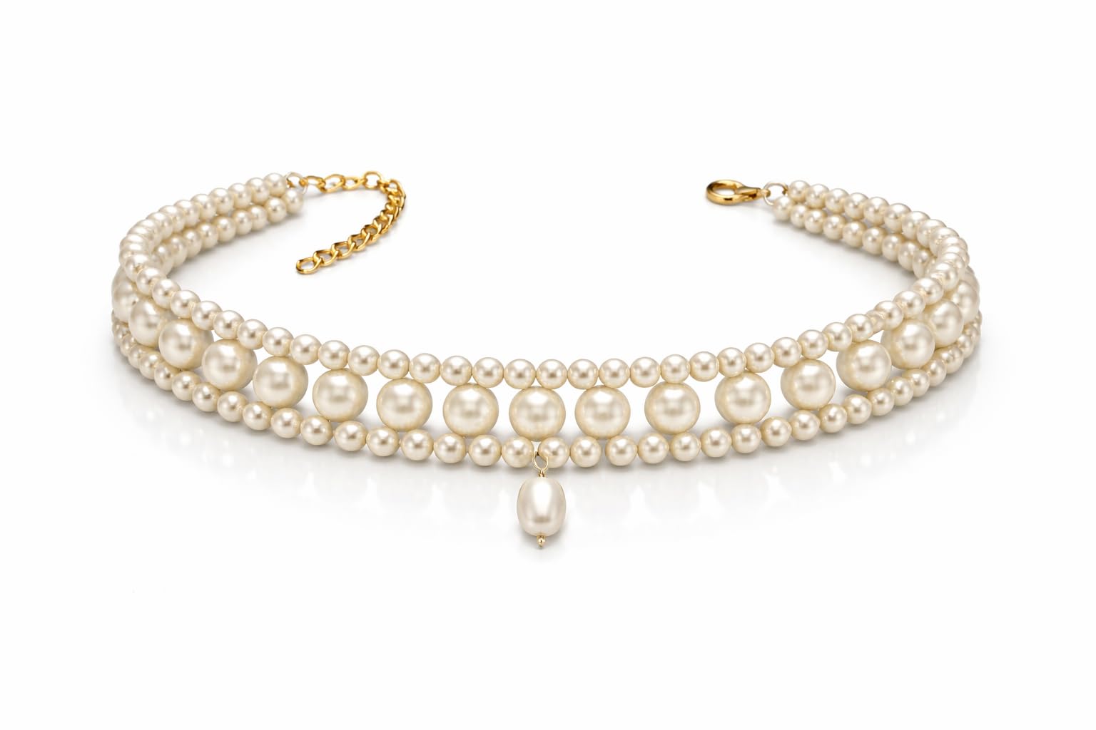 Multi-Layer Pearl Choker Necklace, Ivory White, with Gold-Tone Lobster Clasp and Drop Pendant-image-15