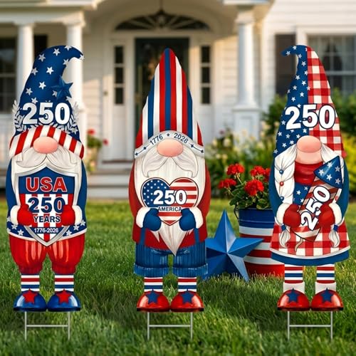 3 Pcs American 250th Anniversary Yard Decorations 32 x 10 Inch Patriotic 4th of July Gnome Yard Signs with Stakes USA 250 Years Birthday Lawn Garden Weclome Sign for Independence Day Party Decor