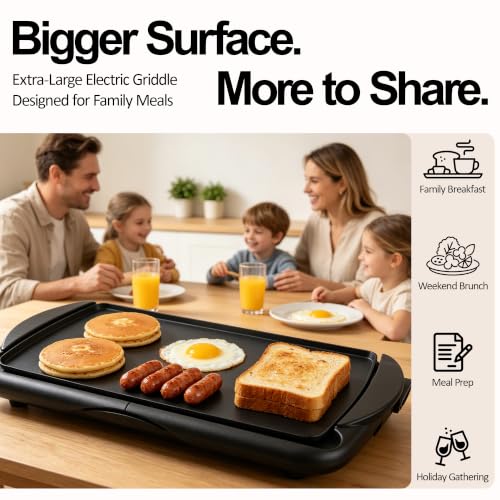 Image of 20 inch Electric Griddle, Ceramic Non-Stick Baking Pan Attemperation Griddle, 1400W Family-Sized Electric Skillet Extra Large Surface and Adjustable Temperature, Slide-Out Drip Tray, Black