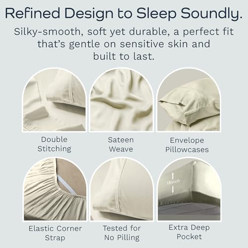 Image of Olive + Crate Tencel Lyocell Eucalyptus Sheets King Size - Cooling Tencel Sheets for Hot Sleepers with 18 Inch Deep Pocket Fit - Ivory 4-Piece Set