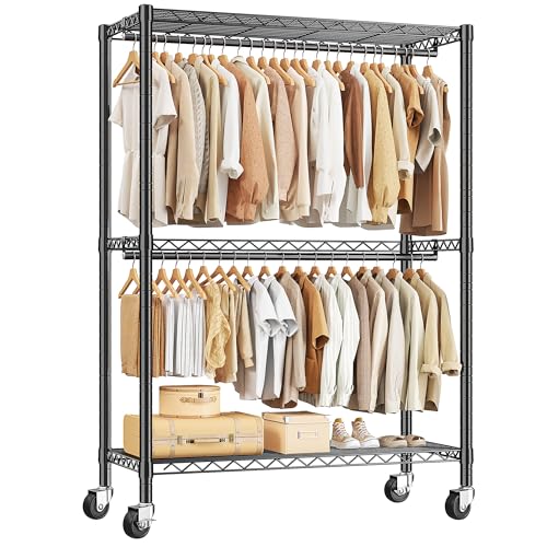 Klyvvo Burro Ropa Resistente con Ruedas, Doble Barra Colgadora y Estante Ajustable, Perchero Burro Ropa para Carga Pesada 150 kg, Ideal para Almacenamiento en Entrada, Dormitorio o Vestidor