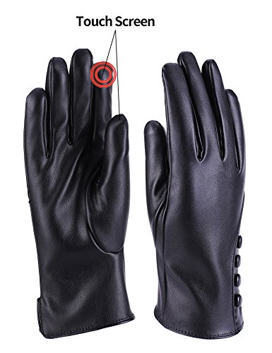 Womens Winter Warm Gloves Touch Screen Thick Windproof Adult Hand Outdoor Mittens PU Gloves With Buttons(Cashmere Lining) (L)