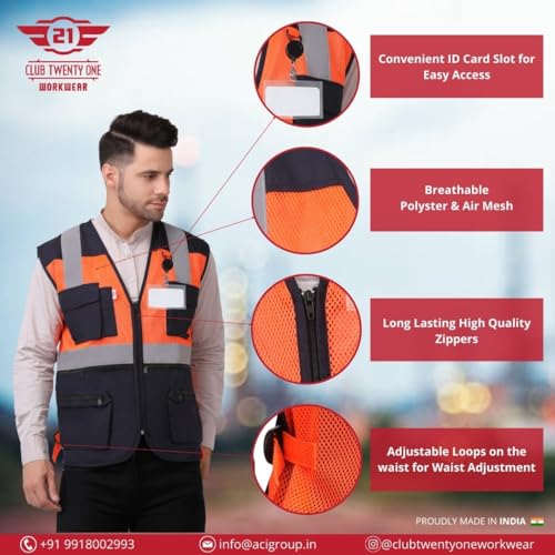 Image of CLUB TWENTY ONE Polyester and Mesh Reflective Jacket, Vest with High Visibility Strips or Tape, Safety Workwear Vest for Men (Orange & Navy Blue, Size - Small)