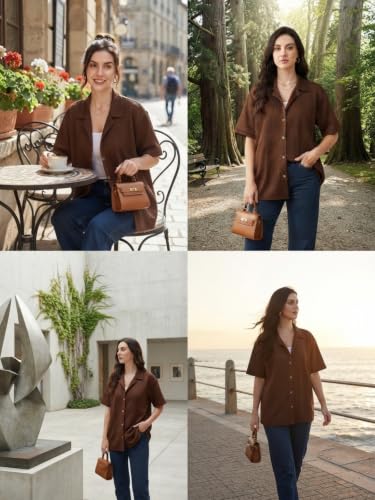 Image of Leriya Fashion Shirts for Women | Cuban Collar Textured Half Sleeve Button-Down Casual Shirt | Relaxed Fit Shirt Everyday Office Wear & Vacation Wear