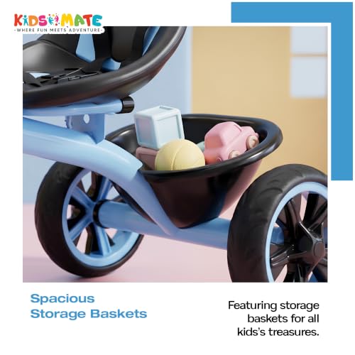 Image of Kidsmate Zoom Trike Cycle for Kids 2-5 Years | Tricycle for Kids | Tricycle for Boys & Girls | Baby Cycle with Anti-Skid EVA Wheels, Bell, Front & Rear Basket, Comfortable Seat | 30kg Capacity - Blue
