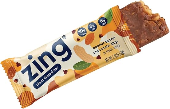 Zing Bars Plant Based Protein Bar, Peanut Butter Chocolate Chip Nutrition Bar, 10g Protein, 5g Fiber, Vegan, Gluten Free, Soy Free, Non GMO, 12 count