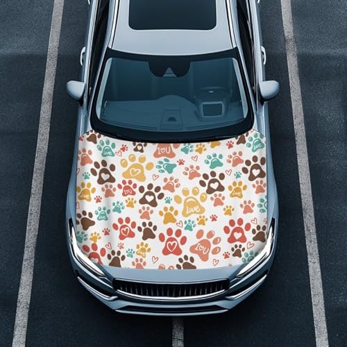Image of Colored Paw Prints Car Hood Cover Elastic Polyester Protector for Car Hood Stretchable Automotive Accessories for Most Automotive Vehicles Trucks Pickup SUVs