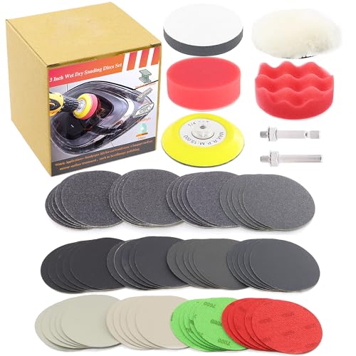 60pcs Grit 60-10000 Hook & Loop Sandpaper Set, 3Inch Sanding Disc Drill Polishing Kit, Wet Dry Sanding Paper Headlight Restoration Kit for Car Wood Metal Glass Resin Expoxy