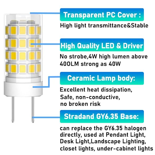 2-Pack GY6.35 LED Bulb 4W Bi-pin Base 40W Halogen Replacement T4 JC Type AC110V/120V/130V (Not 12V) for Pendant, Desk, Landscape Lighting (Daylight White 6000K) by SZKOV - Image 3
