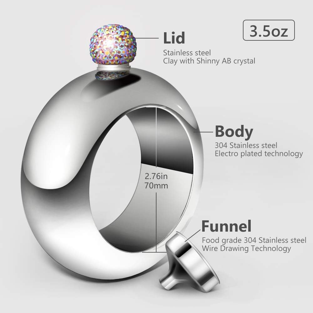 🔥 Crazy Deals Liquor Flask for Women with Funnel - Stainless Steel Bangle Bracelet Hidden Flask Set 3.5OZ With Rhinestone Lid Wine Flask Wrist Jewelry for Women Girls Men Party Hand size Flask (Silver Crystal)