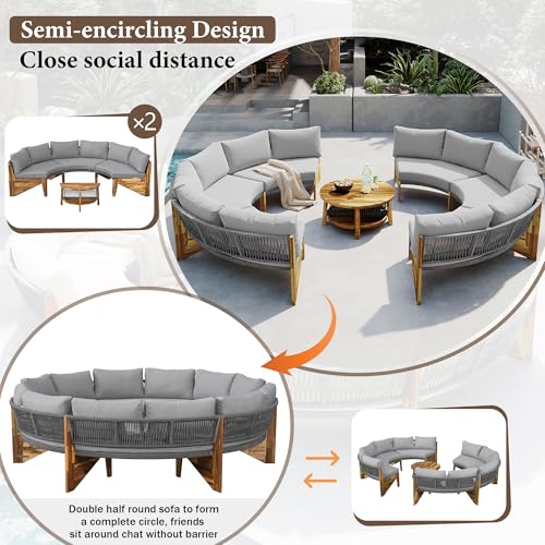 Quarte Outdoor Acacia Wood Round Sofa Set, Sectional Sets with Coffee Table,6-Person Seating Group for Garden, Deck (Gray/Half-Moon*A)