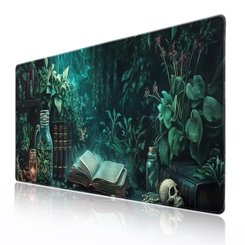 Dark Academia Mauspad, Gothic-Pflanze, erweiterte Schreibtischmatte, gruselige Hexe, großes XL-Mauspad, rutschfeste Gummiunterseite, genähte Kanten, lange Tastaturunterlage für Schreibtisch, Gaming,