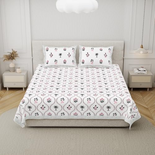 Image of DE CAMA Since 1997 | 100% Cotton 300 TC Premium King Size Bedsheet for Double Bed (90 x 108 Inch) with 2 Pillow Covers Set (17 x 27 Inch) Designer Printed Bedsheet Set - Blossom, White