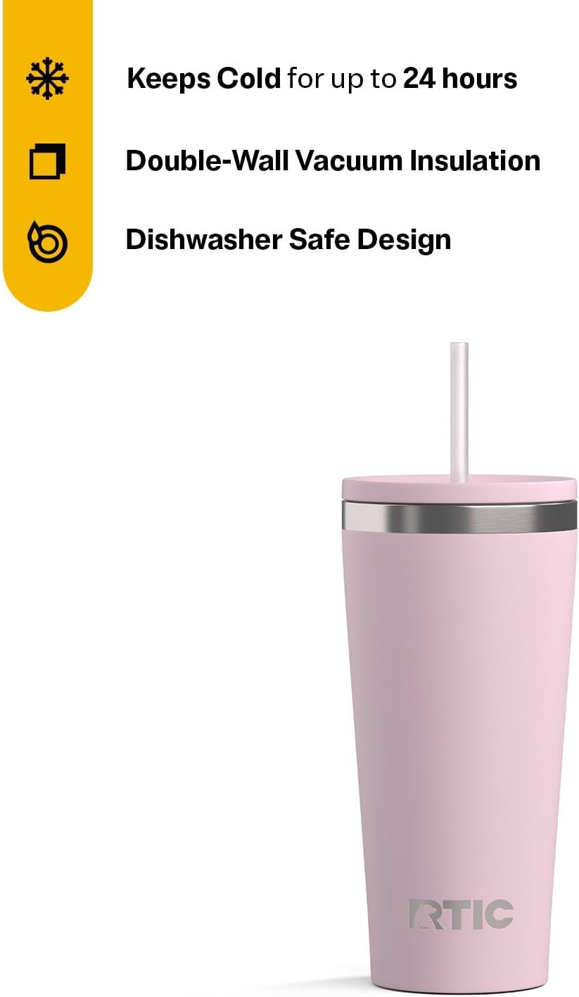 RTIC 20oz Everyday Tumbler Insulated Stainless Steel Portable Travel Coffee Cup with Straw, Ceramic Lining, Spill-Resistant Lid, BPA-Free, Hot and Cold Drink, Pale Pink
