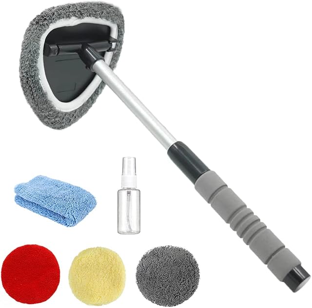 Gven Windshield Cleaner Tool Car Cleaning Kit Supplies Window Cleaner Interior Glass Care Product Car Accessories with Aluminum Handle& 4 Reusable Cloth/Cover As Seen On TV