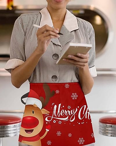 DecorLovee Avental de garçonete de alce de Natal com 3 bolsos, aventais de Natal com floco de neve p