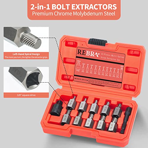 REBRA Double Head Screw Extractor Set, Easy Out Bolt Remover Kit, Hex Head Multi-Spline for Removing Stripped, Rounded, Damaged, Broken 12-Pieces - Thumbnail 5