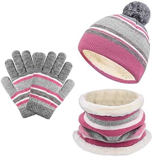Kids Winter Hat Scarf Gloves Set - Warm Thermal Knitted Beanie Pom Cap Circle Snood Neck Warmer Mitten Outdoor Sports Soft Fleece Inner Lining Elastic for Children Boys Gift