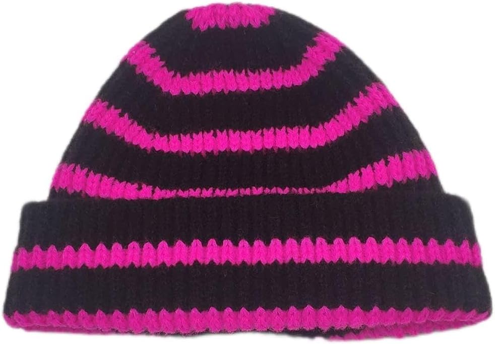 VIDI Short Knitted Striped Hat Winter Beanies for Ladies Men Warm Cuff Cap Lime Green Hot