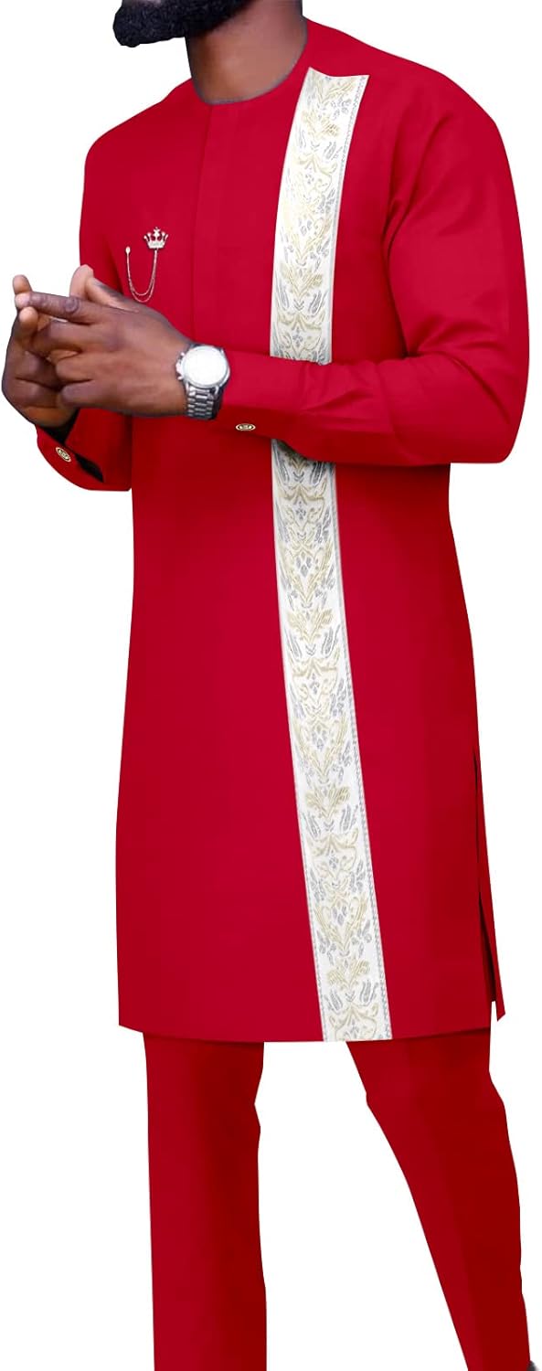 African Traditional Clothing Set for Men Dashiki Embroidery Coats and Pants 2 Piece Outfits for Wedding Evening