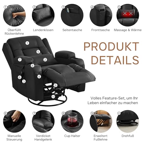 SITURAY Manuell Verstellbar Relaxsessel Fernsehsessel Massagesessel mit Liegefunktion Wippfunktion, 360° Drehbar TV Sessel mit Heizung, Kunstleder Kinosessel bis 150 kg für Wohnzimmer (2, Schwarz) – Bild 5