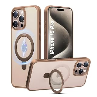 AIBEX Back Cover for Apple iPhone 15 Pro MagSafe Compatible with OStand Ring Kickstand Magnetic Metal Alloy Ring | Wireless Charging | Slim Thin Scratch Resistant Armor | Shockproof Protective - Brown