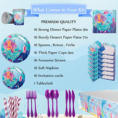 Mermaid Birthday Party Supplies Decorations Favors, Tablewares Serve 16 Guests, Tablecloth, Napkins, Invitation Cards for Under The Sea Theme Party Kit Decor For Girl's Baby Shower- 113 Pcs - Thumbnail 3