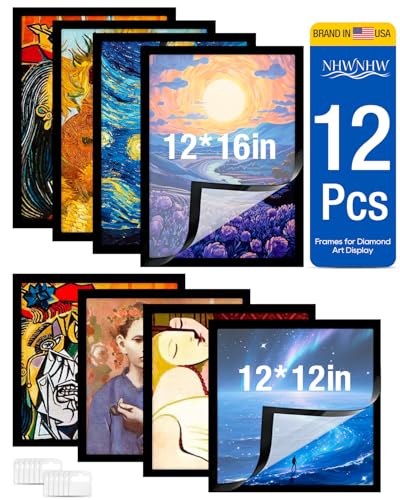 12Pcs Diamond Art Frames & Diamond Painting Frames Variety - Includes 6 of 12x16 inch and 6 of 12x12 inch Magnetic Self-Adhesive Snap Frames for Canvas Art No Tools Needed for Wall Door Home Decor